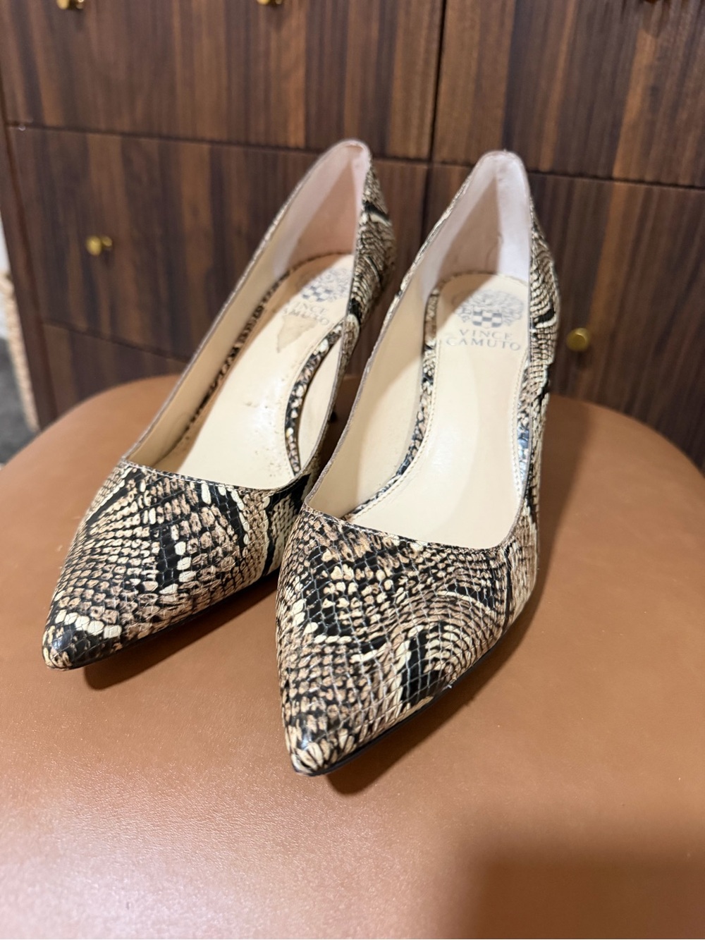 Vince Camuto Snake-Print Pointed Toe Pumps in Beige and Black